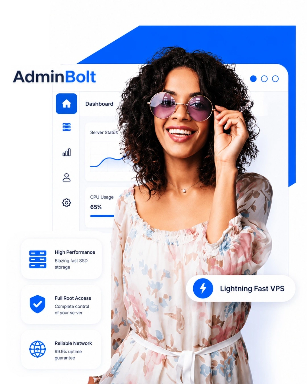 VyomCloud AdminBolt dashboard showing flat-pricing hosting management on VPS